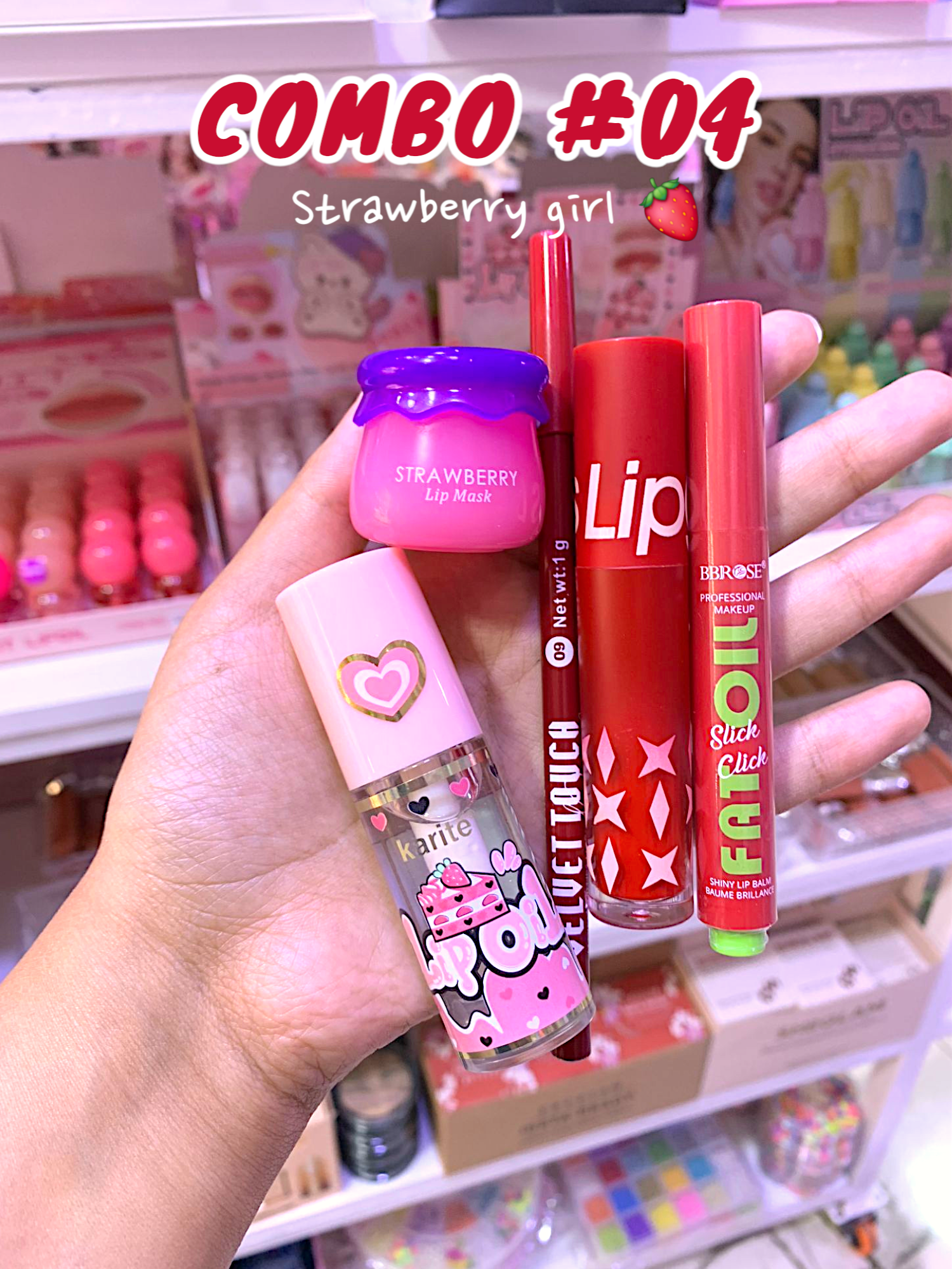Lip Combo : Mocha girl, barbie girl, Peach summer, office siren, Strawberry girl, Clean girl